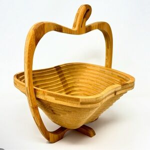 Hand Carved Wooden Apple Shaped Fruit Basket Collapsible Vintage Cottagecore